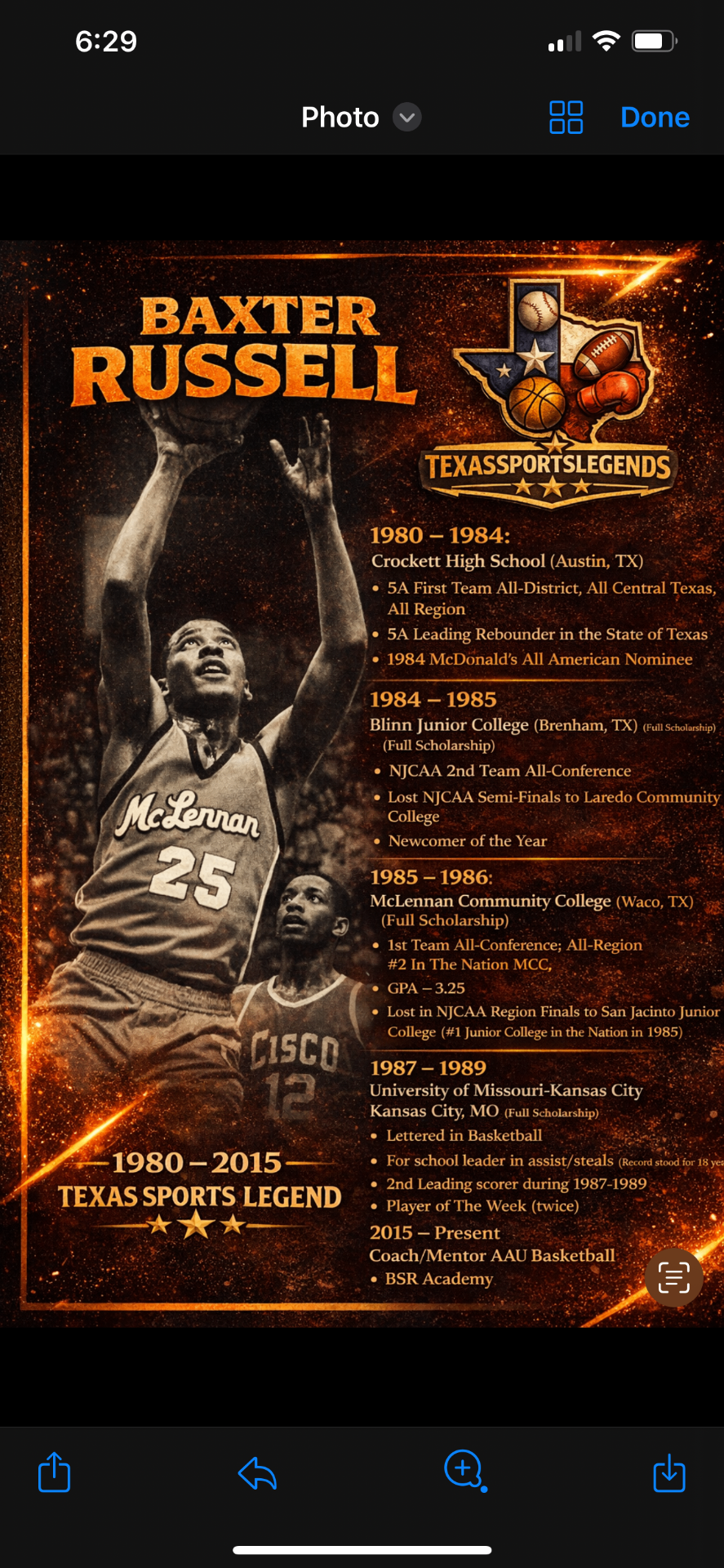 Coach Baxter Russell Texas Sports Legend graphic